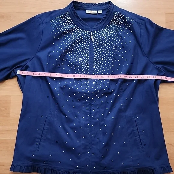 Quacker Factory Sparkle Stretch Embellished Ruffle Navy Blue Jacket - Picture 4 of 13